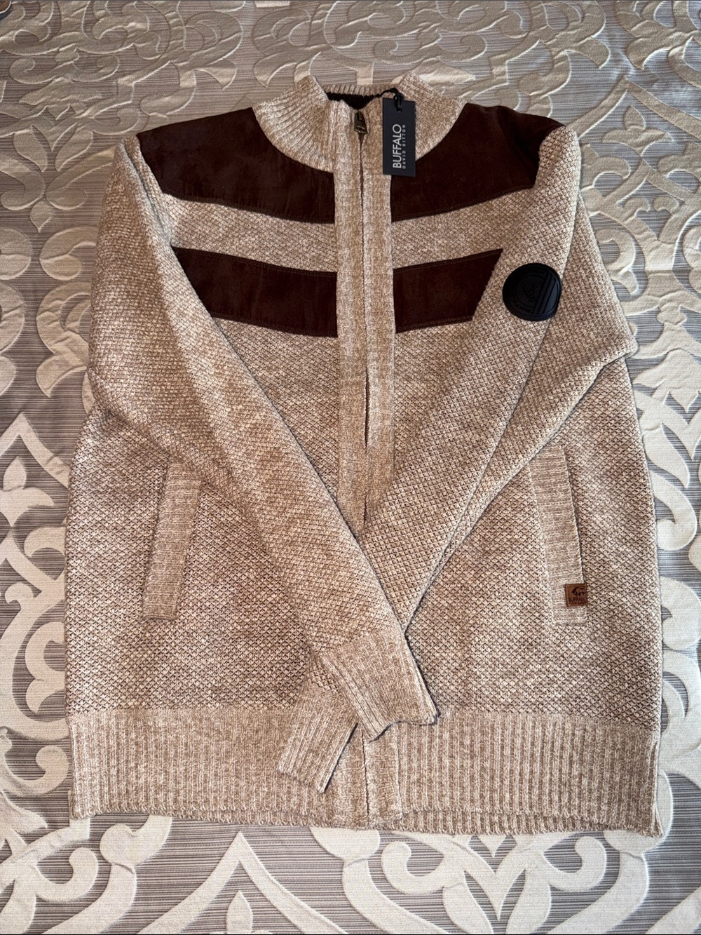 Buffalo David Bitton Beige Cardigan with Brown Shoulder Panels